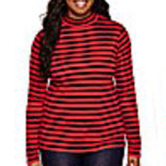 Arizona Long-Sleeve Mockneck Ribbed Red Black Stripe T Juniors Plus Size 2X - Picture 3 of 5